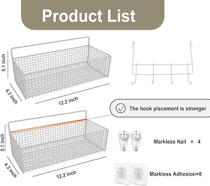 2 Pack Hanging Wall Wire Baskets,Metal Wire Storage Bin Rack for Kitchen Bathroom Shower Spice Shelf (White)