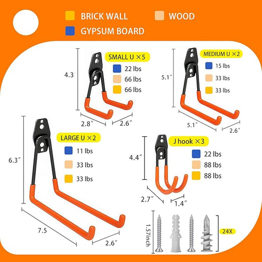 Garage Hooks Heavy Duty, 12 Pack Anti-Slip Coating Garage Wall Storage Hooks for Hanging Bike, Ladder, Garden Tools