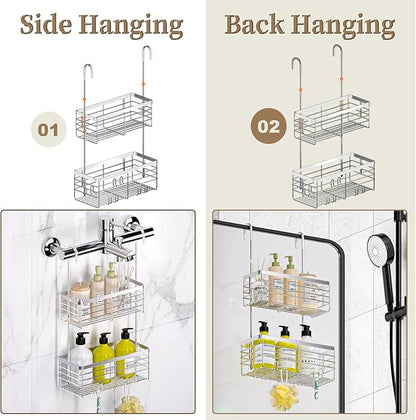 DELLAN Hanging Shower Organizer, 2-Tier Shower Rack with Hooks Over the Door, Bathroom Shower Caddy and Basket