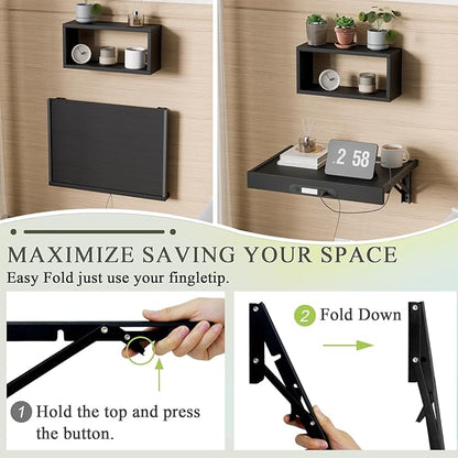 TEAMIX Floating Nightstand with Charging Station, Wall Mounted Folding Bedside Shelf Combo Nightstand with Led Light USB Type C Ports, Space Saving Bed Side Tray Storage for Bedroom, Living Room, Dorm
