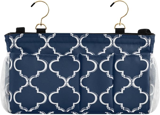 CuwrYet Bedside Caddy Hanging Bunk Bed Caddy Bed Organizer Hanging Pocket with 2 Hooks Bedside Storage Organizer Pocket Bag Holder Navy Blue Geometric Quatrefoil
