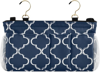 CuwrYet Bedside Caddy Hanging Bunk Bed Caddy Bed Organizer Hanging Pocket with 2 Hooks Bedside Storage Organizer Pocket Bag Holder Navy Blue Geometric Quatrefoil