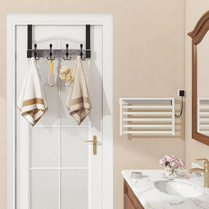 Homode Over The Door Hooks Heavy Duty,Wooden Door Coat Hanger with 4 Tri Hooks, Over The Door Towel Rack for Bathroom, Back of Door Hooks for Hanging Towels, Clothes, Hats, Bags, Grey