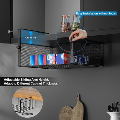 2Pack Under Shelf Basket Organizer,Adjustable Hanging Holder for Cabinet Pantry Kitchen Cupboard Desk Counter Bookshelf Organization Add-on Space Saver Heavy Duty Slide-in (Black, Large)