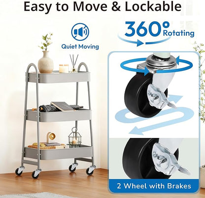 Rolling Carts with Wheels, 3 Tier Storage Cart for Kitchen Snack Cart with Lockable Wheels, Utility Storage Organizer Carts Diaper Cart for Nursery, Grey