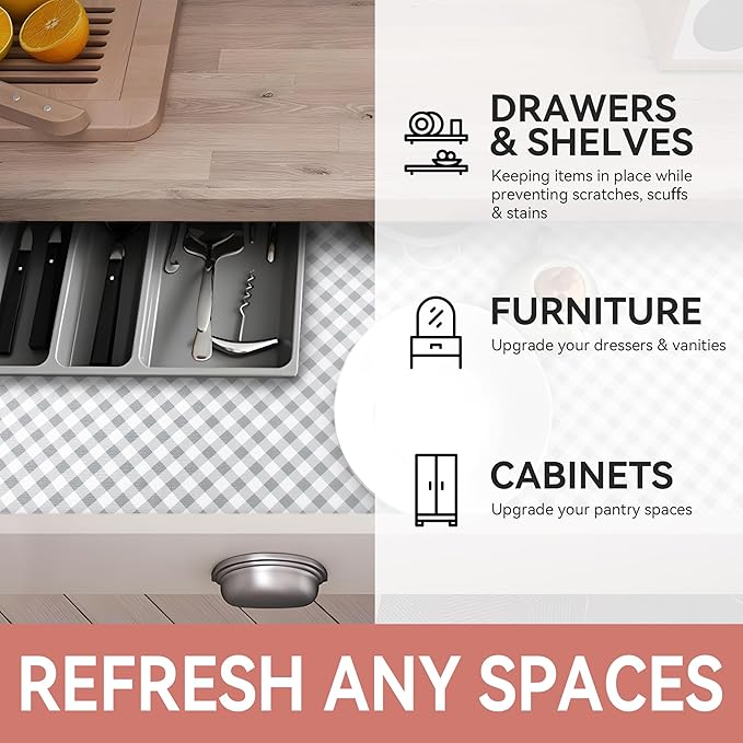 RAY STAR Shelf Liners for Kitchen Cabinets Non-Adhesive, 18 Inch X 8 Feet Cabinet Liners for Shelves Non Slip Grip Bottom Drawer Pantry Liner Gingham Checkered Grey (3 Rolls) Signature DELIVERY