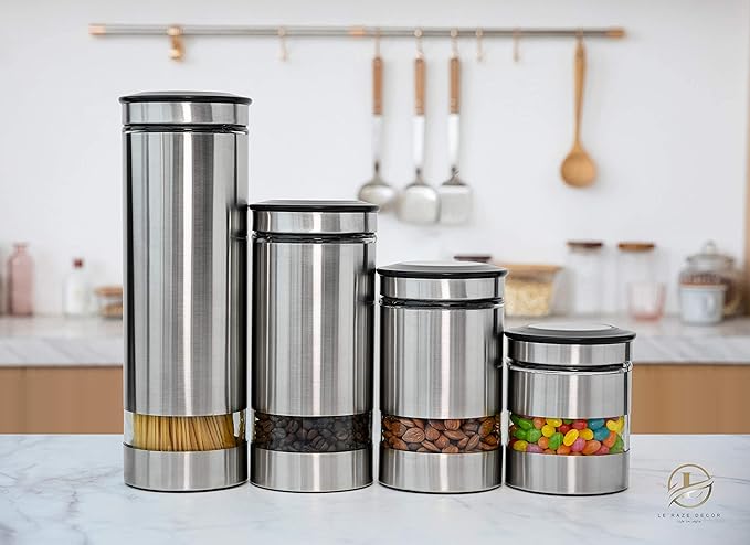 Le'raze Quality Stainless Steel Canister Set of 4 for Kitchen Counter with Glass Window & Airtight Lid - Food Storage Containers with Lids Airtight - Pantry Storage and Organization Set