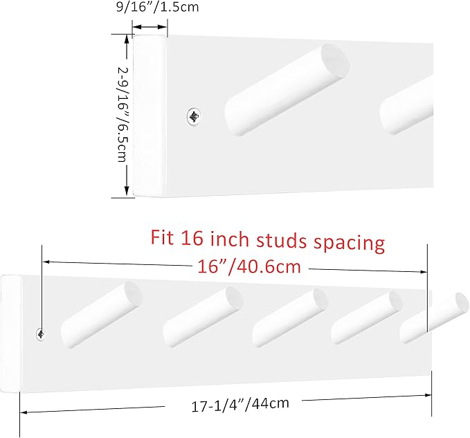 WEBI Coat Rack Wall Mounted,Coat Hanger Wall,16" Hole to Hole,Coat Hooks Wall Mount,Hook Rack Peg Rail,5 Hooks for Hanging Jacket,Hats,Clothes,White