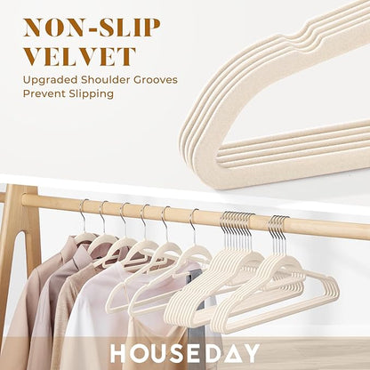 HOUSE DAY Velvet Hangers with Tie Bar 60 Pack Ivory, Clothes Hanger Non-Slip, Space Saving Felt Hangers for Pants, Coat, Suits, Shirt, Scarf, No Hanger Marks