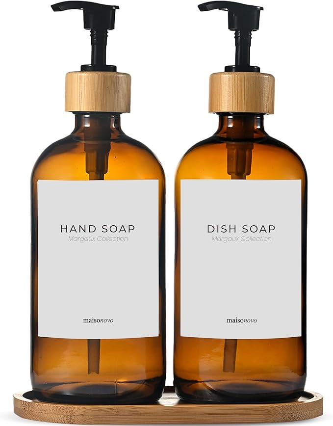 Maisonovo Glass Soap Dispenser Bathroom Set | Hand Soap and Dish Soap Dispenser Set | 16.9oz Amber Bottles with Black Bamboo Pump | Bathroom Lotion Dispenser with Pump Set of 2