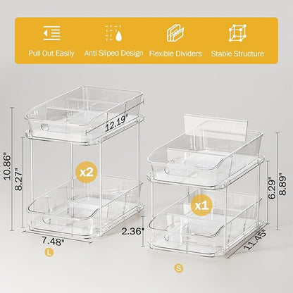 Delamu 2-Tier Under Sink Organizers and Storage, Multi-Purpose Stackable Bathroom Cabinet Organizers, Pull Out Kitchen Pantry Organization and Storage with Dividers(3 Pack, Clear)