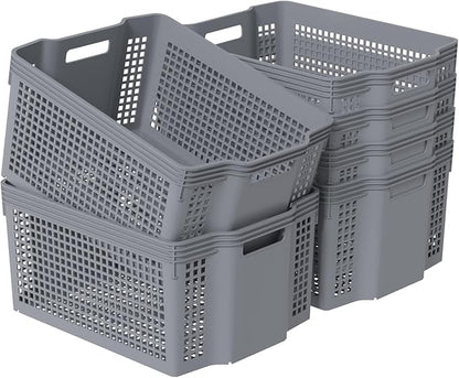 6 Packs Stackable Storage Baskets, Rectangle Stacking Baskets, Plastic Storage Baskets for Shelves, Grey