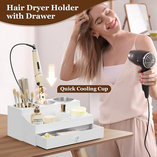 GFWARE Acrylic Hair Dryer Holder with Drawer, Bathroom Organizer Countertop Drawers with 3 Stainless Cups, Makeup Vanity Accessories, Hair Hot Tools Organizer, Toiletry, White
