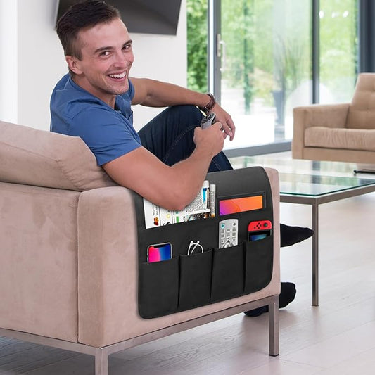WETRBWEH Non-slip Couch Organizer Armchair Caddy, Oxford TV Remote Control Holder Bedside Caddy with 5 Pockets for Key Glasses Phone Magazine Holders.