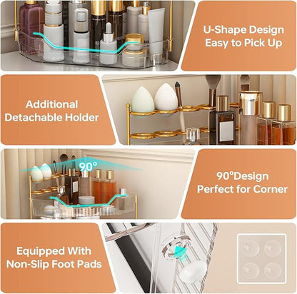 ZZWILLB Corner Bathroom Counter Organizer with Makeup Brush Holder & Toothbrush Holders, Makeup Organizer for Vanity Countertop, Acrylic Skincare Storage Shelf (Clear, 3-Tier)