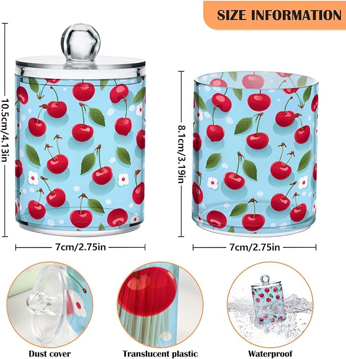 MNSRUU 2 Pack Qtip Holder Organizer Dispenser Cherries and Flowers Pink Bathroom Storage Canister Cotton Ball Holder Bathroom Containers for Cotton Swabs/Pads/Floss