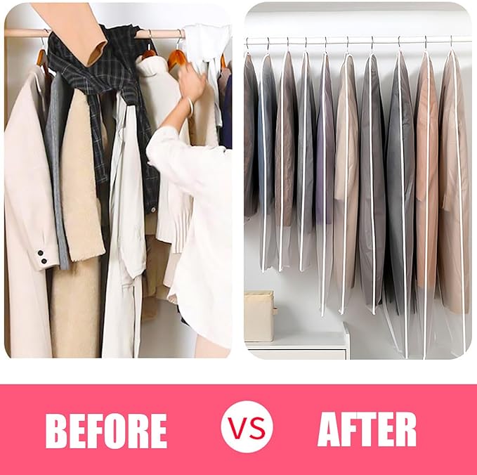 LeLehome Set of 5 Transparent Garment Bags, 24" X 32" Dustproof Washable Clear Travel Suits Clothes Covers, See-Through Coats Organizer Dress Protector Storage Bags