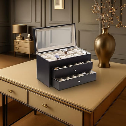 Bey-Berk Duke Matte Black Wood Watch Box – 36-Slot Organizer with Glass Top, 2 Drawers & Velour Lining