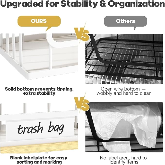 2 Pack Trash Bag Holder, Extra Large and Large Stackable Garbage Bag Dispenser Under Sink with Bamboo Top & Metal Base for Kitchen Countertop Storage, Laundry, Pantry Organizer (White, L+XL)
