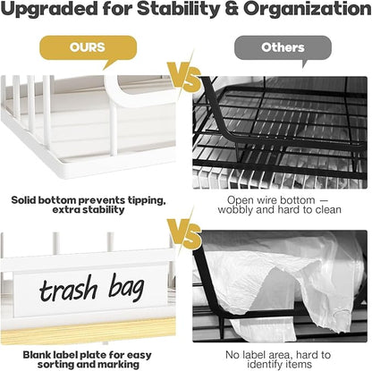 2 Pack Trash Bag Holder, Extra Large and Large Stackable Garbage Bag Dispenser Under Sink with Bamboo Top & Metal Base for Kitchen Countertop Storage, Laundry, Pantry Organizer (White, L+XL)