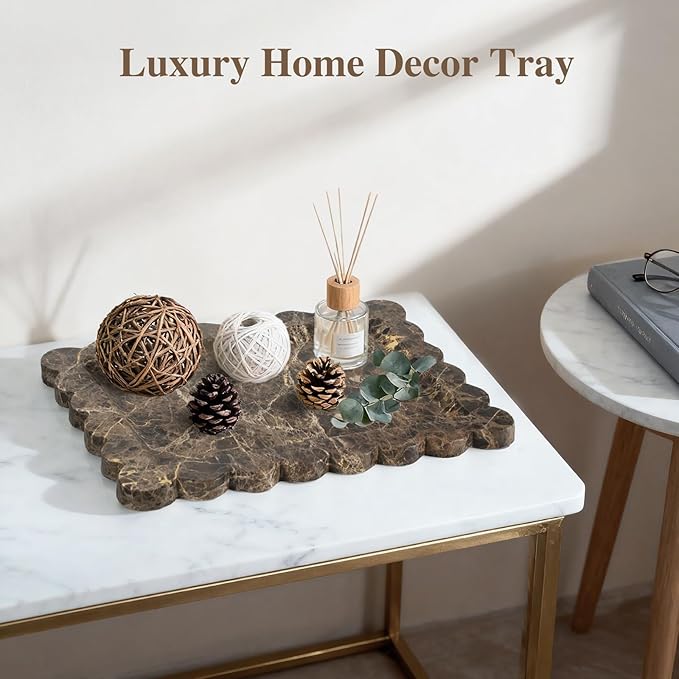 Rectangle Marble Tray with Scalloped Edge, Dark Brown Decorative Tray for Bathroom Vanity, Kitchen Counter, Dresser Top Organizer, Perfume Jewelry Holder, 11x8 Inch Natural Stone Home Décor
