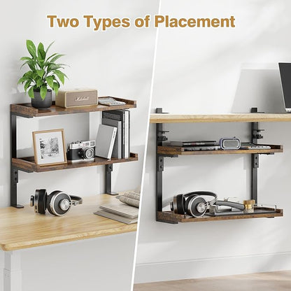 Clamp On Desk Shelf 2-Tier, 16.5 in Wood Shelving Unit for Office Desk/Gaming Accessories, Tabletop Book Storage Rack, Shelf for Top of Desk, Brown