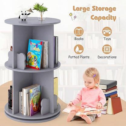 Costzon Kids Rotating Bookshelf, 2 Tier Small Book Shelf with Bookends, 360° Display Spinning Bookshelf Tower, Corner Bookshelf for Small Space, Kids Room, Bedroom, Nursery (Grey)
