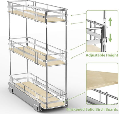 ROOMTEC 3-Tier Pull Out Cabinet Organizer Spice Rack for Narrow Cabinet 6" W x 20½" D, Slide Out Wood Shelves Storage for Kitchen