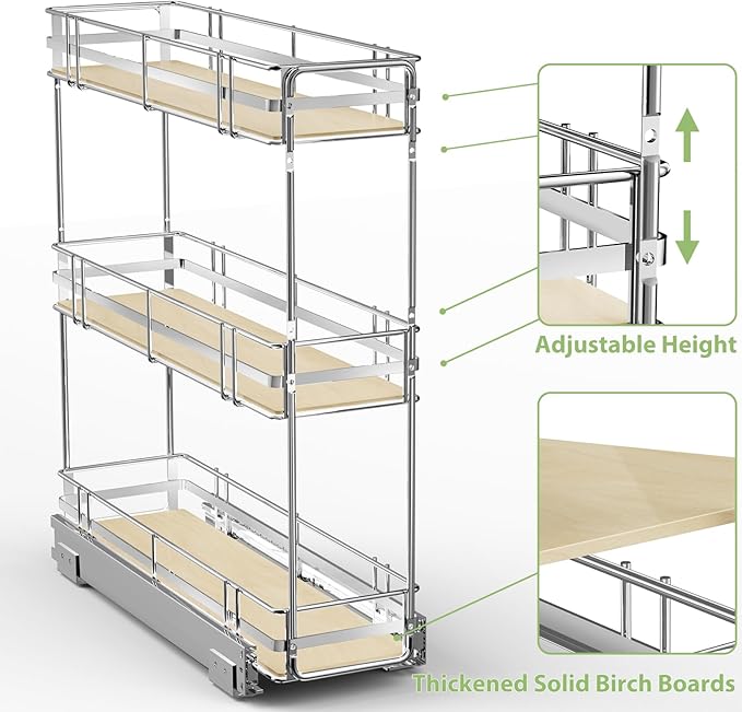 ROOMTEC 3-Tier Pull Out Cabinet Organizer Spice Rack for Narrow Cabinet 7" W x 20½" D, Slide Out Wood Shelves Storage for Kitchen