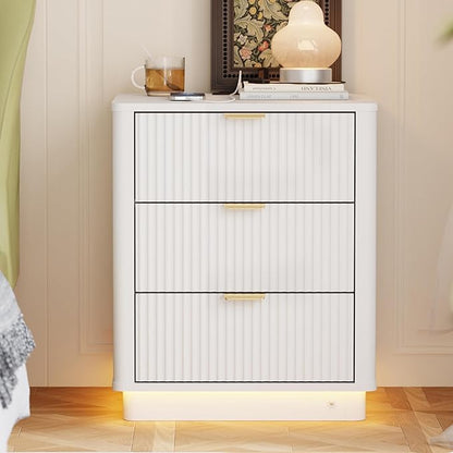 BONITURE Led Fluted Nightstand, Smart Curved Night Stand with Charging Station Lighting, Wood End Table with 3 Drawers, Modern Side Table Storage Cabinet for Bedroom Office,(1, White)