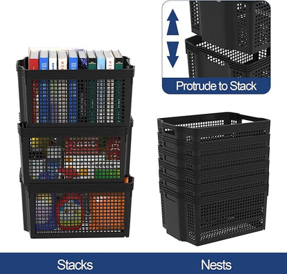 12 Pack Large Plastic Storage Baskets Bins, Multi-Purpose Organizer Weave Basket for Shelves, Closets, Offices (Black)