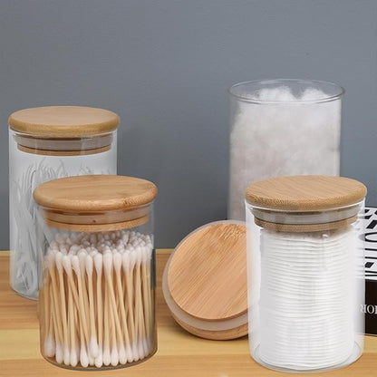 BKYFPQ 4 Pack Glass Qtip Holder Dispenser Set - Apothecary Jars with Lids for Vanity Makeup Organizer - Bathroom Canister Storage Organizer for Cotton Ball, Swab, Round Pads,Floss