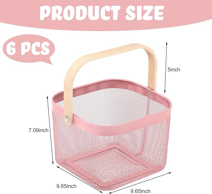 Roshtia 6 Pcs Metal Mesh Steel Basket with Handle, Rustic Square Wire Harvest, Shopping Baskets for Retail Store Garden Bathroom Kitchen(9.65 x 9.65 x 7.09 Inch,Pink)