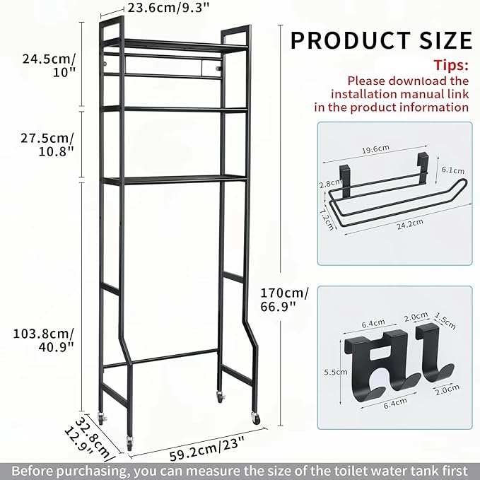 IIQ 3-Tier Metal Bathroom Organizer Shelf, Over The Toilet Storage,Freestanding Above Toilet Rack with Universal Wheels Toilet Paper 2 Holder Hooks,Simple Morden