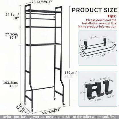 IIQ 3-Tier Metal Bathroom Organizer Shelf, Over The Toilet Storage,Freestanding Above Toilet Rack with Universal Wheels Toilet Paper 2 Holder Hooks,Simple Morden