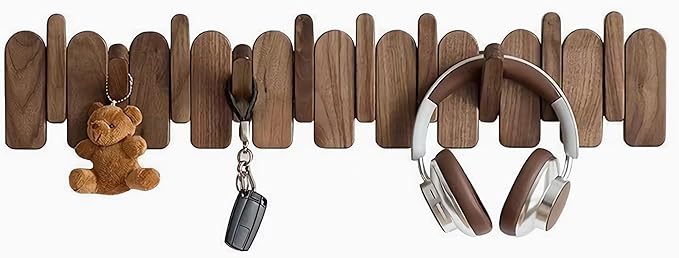 Wall Mounted Coat RackHooks Piano Key Hangers Natural Solid Wood Hanger Non-Woven Fabric Clothes Hangers for Closet, Kitchen, Bedroom, Bathroom, Entryway (Moon Walnut-Beech, 6 Hooks)