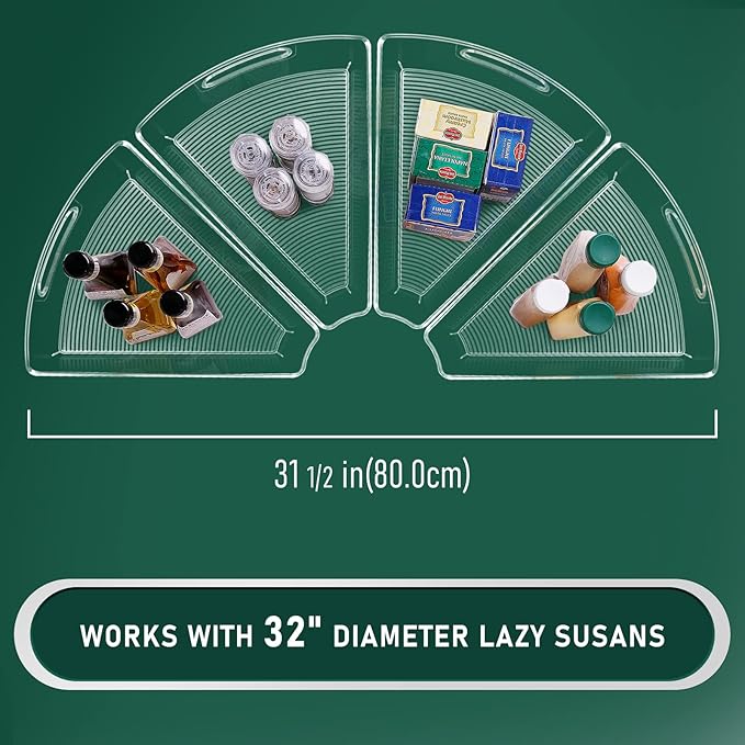 Lazy Susan Cabinet Organizer Bins for 26"/ 28"/ 32" Diameter Corner Organizer, Plastic Cabinet Storage Bin, 1/8 Wedge - Food Safe, BPA Free, with Non-Slip Pads (for 32" Diameter, 4 Pack)
