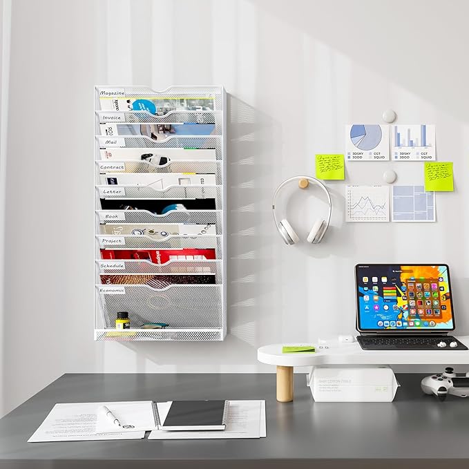Hanging Wall File Organizer,10-Tier Desk File Mail Holder, Paper Bill Organization For Office Home School, White