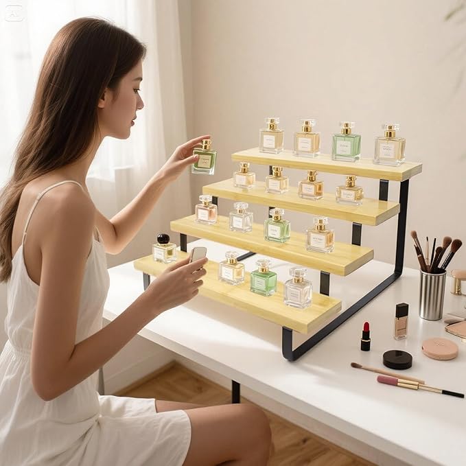 Bamboo Display Risers, 4 Tier Cologne Stand Perfume Organizer for Men, Large Cupcake Dessert Shelf for Party, Riser Stand for Decoration and Organizer, Party, Makeup, Figures, Cupcake
