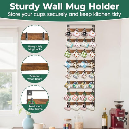 EsLuker.ly Mug Holder Hanger Rack Wall Mounted Wooden 4 Pack Coffee Cup Storage Organizer Display Shelf with 32 Removable Plastic Hooks, Ideal for Mug Collectors