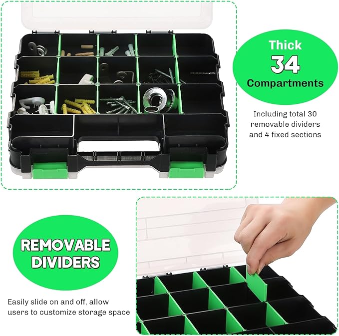 Small Parts Organizer | Storage Case Tools Box 34-Compartments Double Side Organizer Box with Removable Dividers for Small Hardware, Screws, Bolts, Nuts, Nails, Beads (Green)
