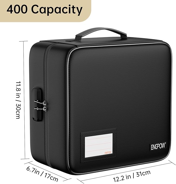 ENGPOW CD/DVD Storage Case with Lock,Fireproof CD/DVD Case Binder,400 Capacity CD Organizer Binder DVD Storage Holder with Zipper＆Handle,Portable Storage Binder Safe for Home Office Travel Car,Black