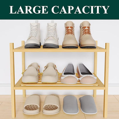 Smiry Small Bamboo Shoe Rack 2-Tier, Stackable Wooden Shoe Organizer for Entryway & Closet, Free Standing Wood Shoe Storage Shelf for Front Door & Small Spaces, Natural