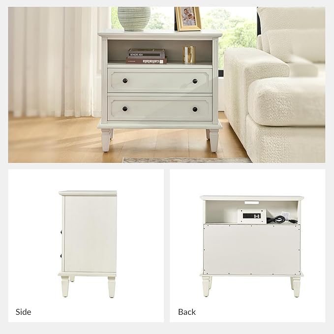 HULALA HOME Farmhouse End Table with Charging Station Set of 2, End Table with USB Ports & Outlets, Fluted Pilasters Design Side Table with Open Space and 2 Drawers Dresser for Living Room, White