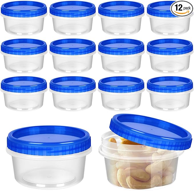 ISUSSER 12 Pack Freezer Containers with Screw On Lids, 8 Oz Stackable Reusable Plastic Storage Container, Airtight Plastic Food Storage Containers with Twist Top Lids for Food Soup Jello Sauce