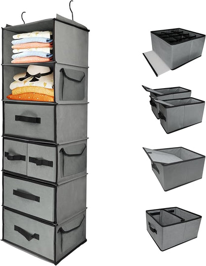 6-Tier Hanging Shelves with 5 Drawers & 3 Side Pocket,Durable Fabric Hanging Closet Organizer Holder with Sturdy Hook,Space-saving Storage Organization for Bedroom,Dorm,Guestroom,RV,Bathroom