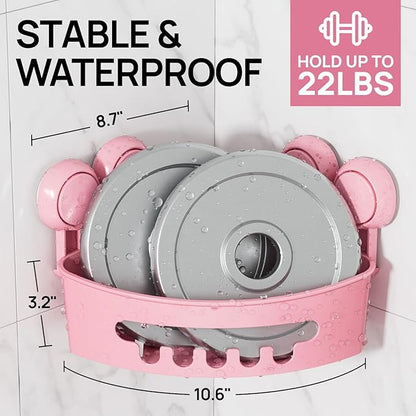 LEVERLOC Corner Shower Caddy Suction Cup, Shower Caddy Basket Powerful Suction Bathroom, Waterproof & Rustproof Organizer for Bathroom Storage, No-Drilling Removable (Pink)