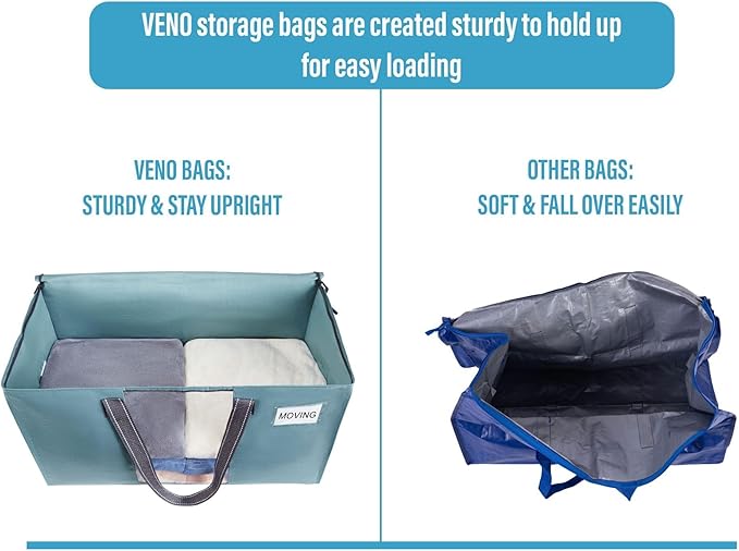 VENO 4 Pack Moving Bags, Christmas Storage Bins, Moving Boxes Alternative, Comforter and Blanket Storage Bags, College Dorm Packing Supplies, Foldable Heavy-Duty Tote (Shiny Light Blue, 4 Pack)