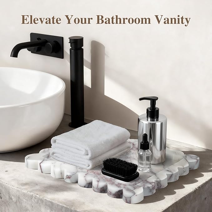 Calacatta Viola Scalloped Marble Tray, 11" x 8" Real Natural Marble Stone Tray, Luxury Decorative Tray for Bathroom, Kitchen Counter, Vanity, Dresser, Home Decor, Organizer for Jewelry & Cosmetics