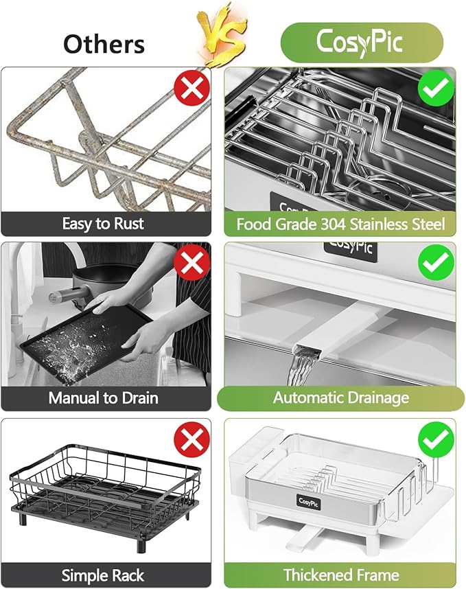 CosyPic Dish Racks, Thicker Premium 304 Stainless Steel Dish Drying Rack for Kitchen Counter, Automatic Drainage Spout, Dish Drainer & Drainboard Set with Utensil Holder and Cup Holder, White